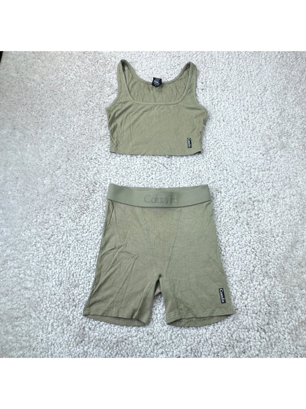 Comfrt Rib Crop Tank & Boxer Short Set Olive Green Womens Small